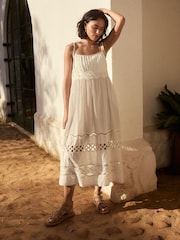 White Textured 100% Cotton Bandeau Midi Dress - Image 3 of 6