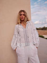 Black/White 100% Cotton Constrast Embroidered Boho Long Sleeve Blouse - Image 1 of 10