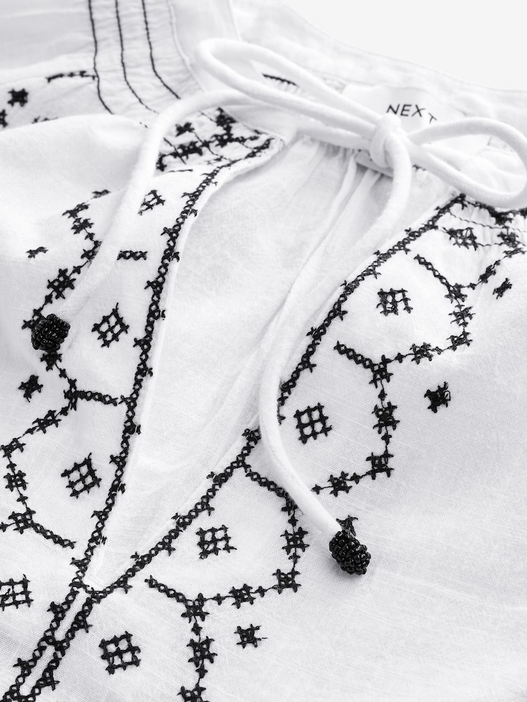 Black/White 100% Cotton Constrast Embroidered Boho Long Sleeve Blouse - Image 10 of 10