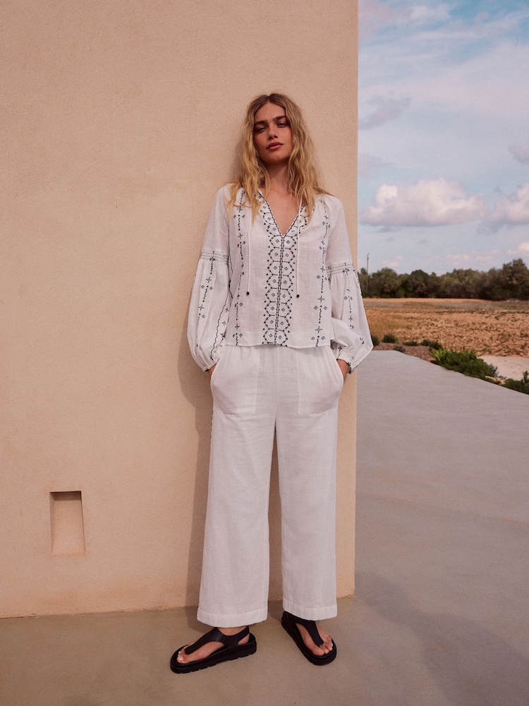 Black/White 100% Cotton Constrast Embroidered Boho Long Sleeve Blouse - Image 2 of 10