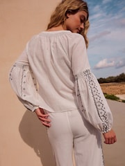 Black/White 100% Cotton Constrast Embroidered Boho Long Sleeve Blouse - Image 4 of 10