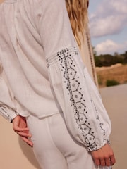 Black/White 100% Cotton Constrast Embroidered Boho Long Sleeve Blouse - Image 5 of 10