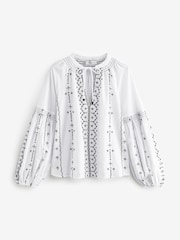 Black/White 100% Cotton Constrast Embroidered Boho Long Sleeve Blouse - Image 8 of 10