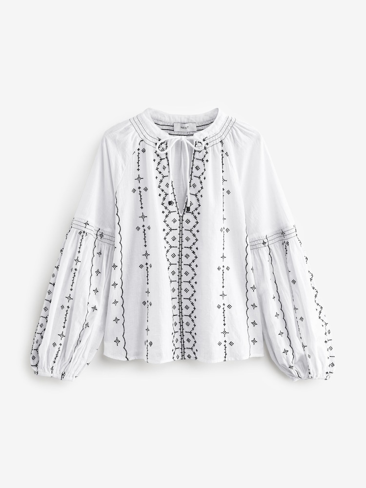 Noir/Blanc - 100% Cotton Constrast Blouse à manches longues brodée Boho - Image 8 of 10