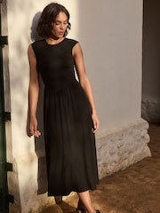 Black Ribbed Cap Sleeve T Dress - Image 1 of 5