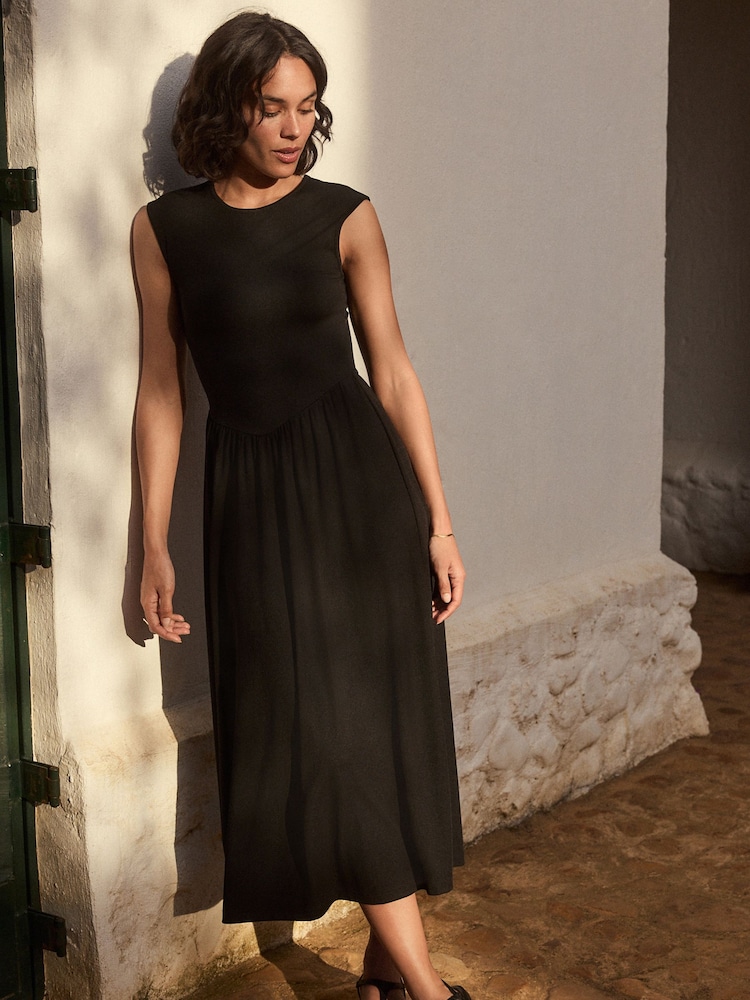Black Ribbed Cap Sleeve T Dress - Image 1 of 5