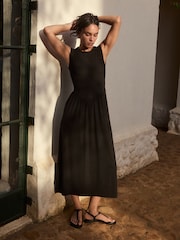 Black Ribbed Cap Sleeve T Dress - Image 2 of 5