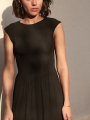 Black Ribbed Cap Sleeve T Dress - Image 5 of 5