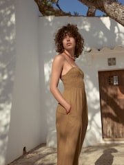 Olive Green Shirred Bandeau Jumpsuit - Image 3 of 8