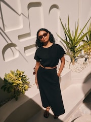 Black Textured Jersey Midi Skirt - Image 4 of 7