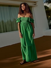 Green Ruffle Sleeve 100% Cotton Midi Dress - Image 2 of 9