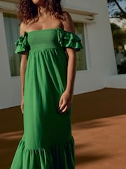Green Ruffle Sleeve 100% Cotton Midi Dress - Image 4 of 9