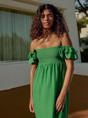 Green Ruffle Sleeve 100% Cotton Midi Dress - Image 6 of 9