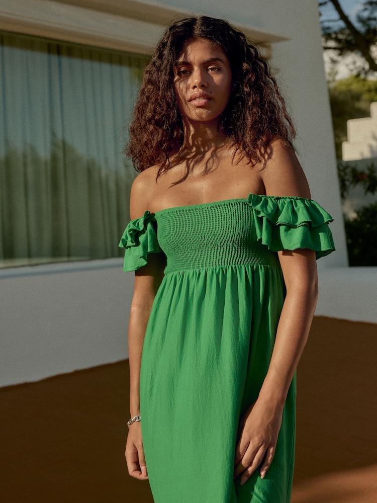 Green Ruffle Sleeve 100% Cotton Midi Dress - Image 6 of 9
