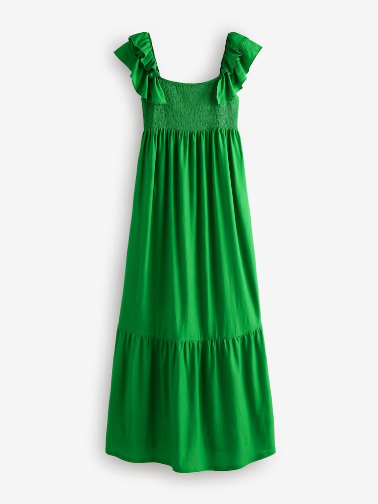 Green Ruffle Sleeve 100% Cotton Midi Dress - Image 7 of 9