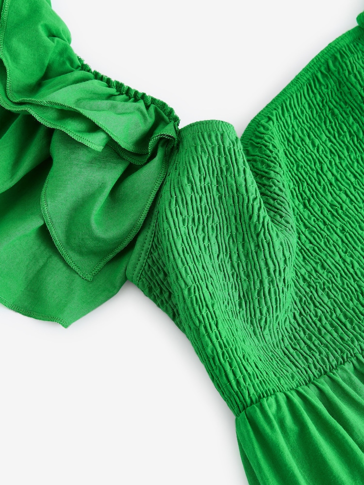Green Ruffle Sleeve 100% Cotton Midi Dress - Image 8 of 9