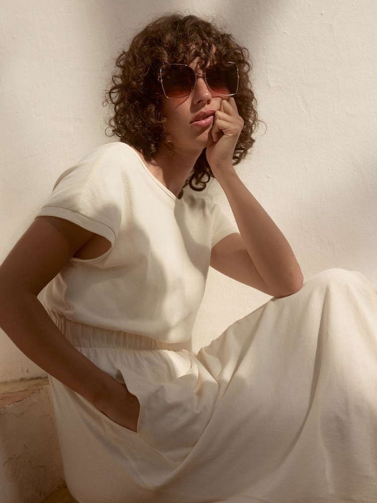 Cream 100% Cotton Summer Midi T-Shirt Dress - Image 3 of 8