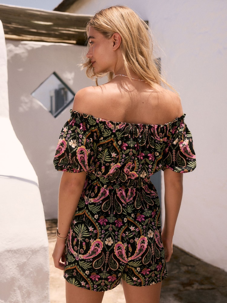 Black/Pink Off Shoulder Summer 100% Cotton Playsuit - Image 3 of 8