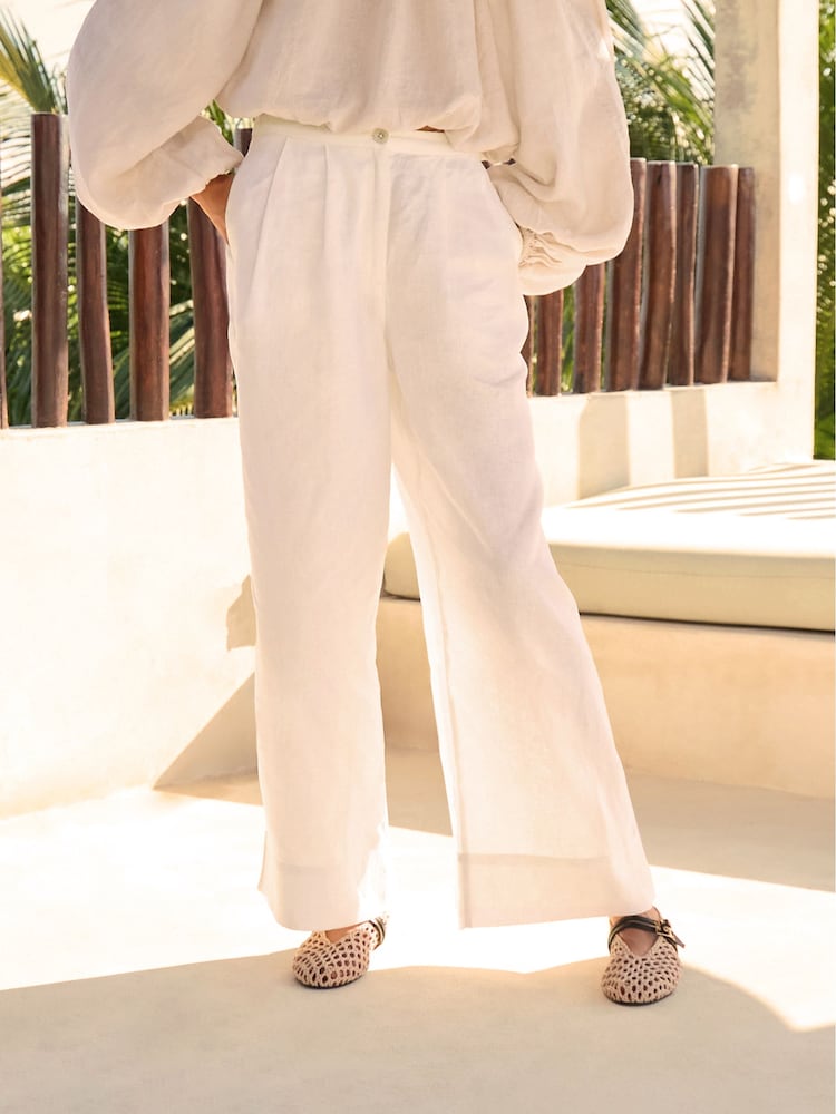 White Premium 100% Linen Wide Leg Trousers - Image 2 of 8