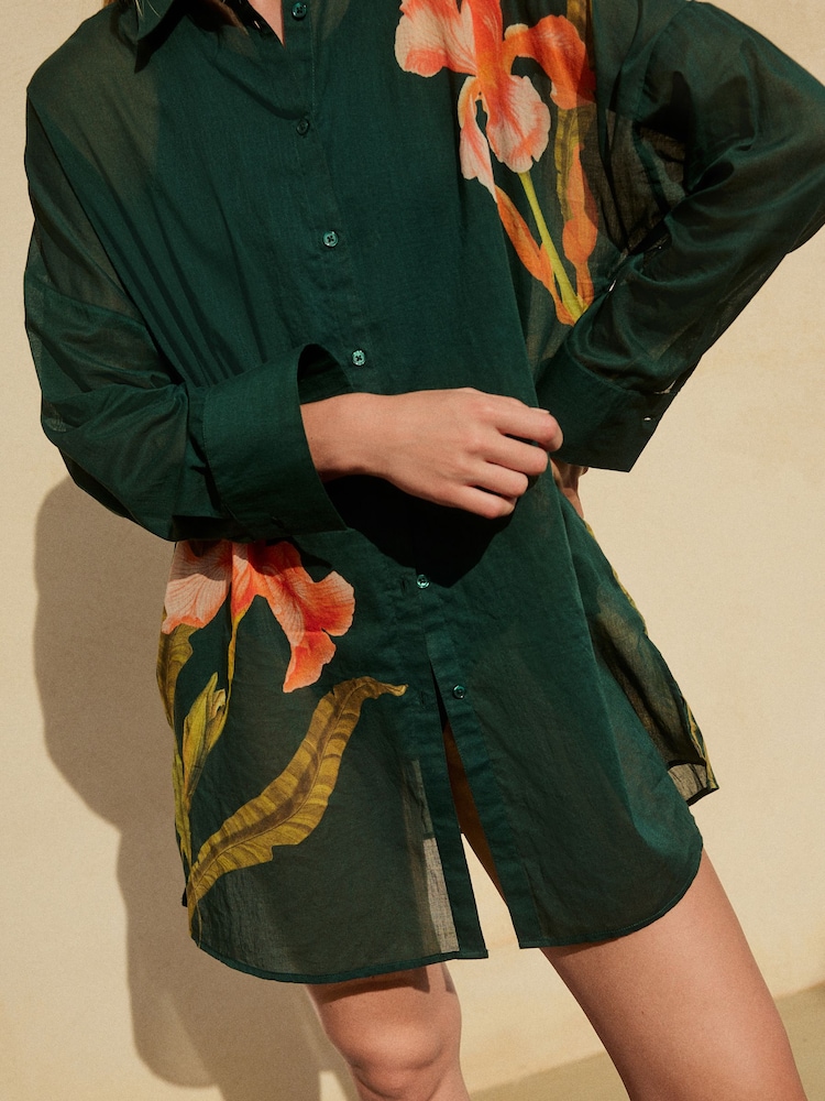 Green 100% Cotton Beach Shirt Cover-Up - Image 6 of 9