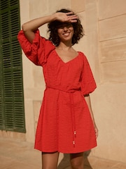 Red Puff Sleeve 100% Cotton Mini Dress - Image 1 of 10