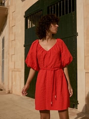 Red Puff Sleeve 100% Cotton Mini Dress - Image 2 of 10