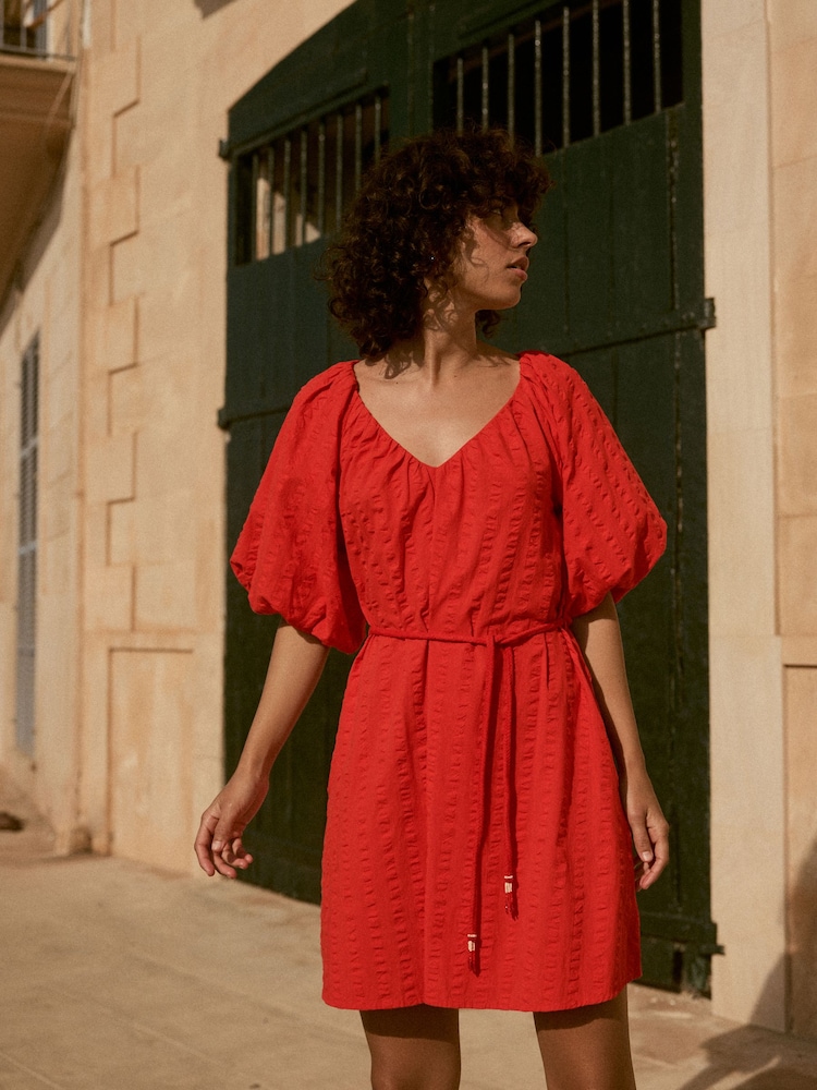 Red Puff Sleeve 100% Cotton Mini Dress - Image 2 of 10