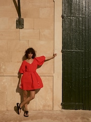 Red Puff Sleeve 100% Cotton Mini Dress - Image 3 of 10