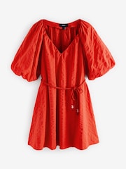 Red Puff Sleeve 100% Cotton Mini Dress - Image 8 of 10