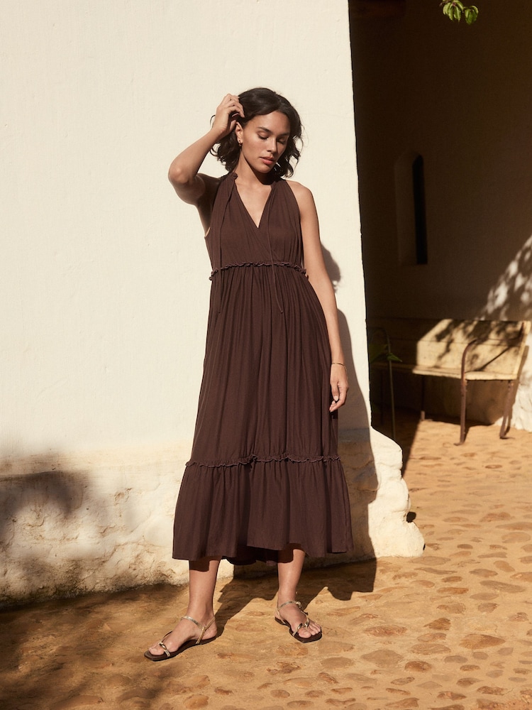 Chocolate Brown Tiered Jersey 100% Cotton Maxi Dress - Image 1 of 10