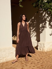 Chocolate Brown Tiered Jersey 100% Cotton Maxi Dress - Image 2 of 10