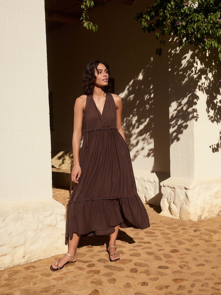 Chocolate Brown Tiered Jersey 100% Cotton Maxi Dress - Image 2 of 10