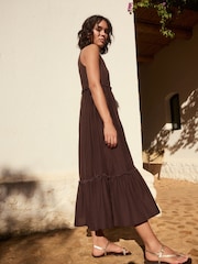 Chocolate Brown Tiered Jersey 100% Cotton Maxi Dress - Image 3 of 10