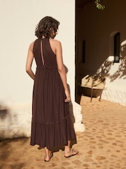 Chocolate Brown Tiered Jersey 100% Cotton Maxi Dress - Image 4 of 10