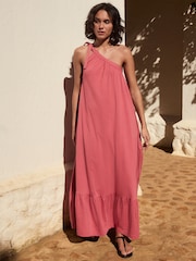 Pink One Shoulder 100% Cotton Midi Dress - Image 1 of 11