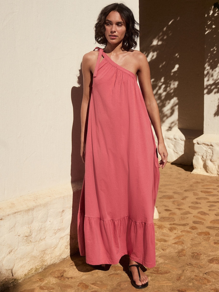 Pink One Shoulder 100% Cotton Midi Dress - Image 1 of 11