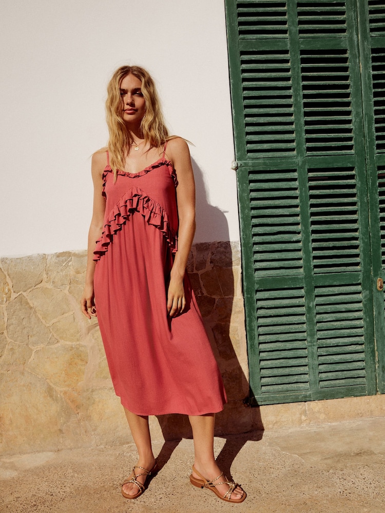 Pink Ruffle Midi Slip Dress - Image 1 of 9
