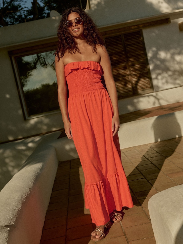 Red 100% Cotton Bandeau Frill Summer Midi Dress - Image 1 of 8