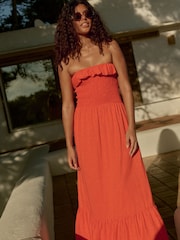 Red 100% Cotton Bandeau Frill Summer Midi Dress - Image 2 of 8