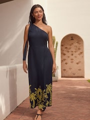 Navy/Yellow One Shoulder Wrap Maxi Dress - Image 1 of 9
