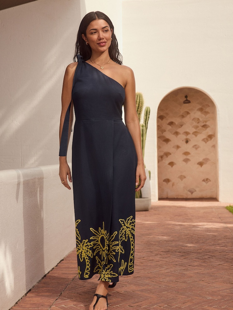 Navy/Yellow One Shoulder Wrap Maxi Dress - Image 1 of 9