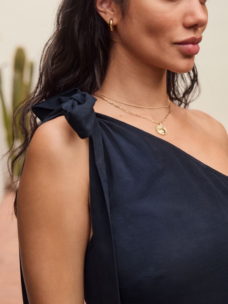 Navy/Yellow One Shoulder Wrap Maxi Dress - Image 4 of 9