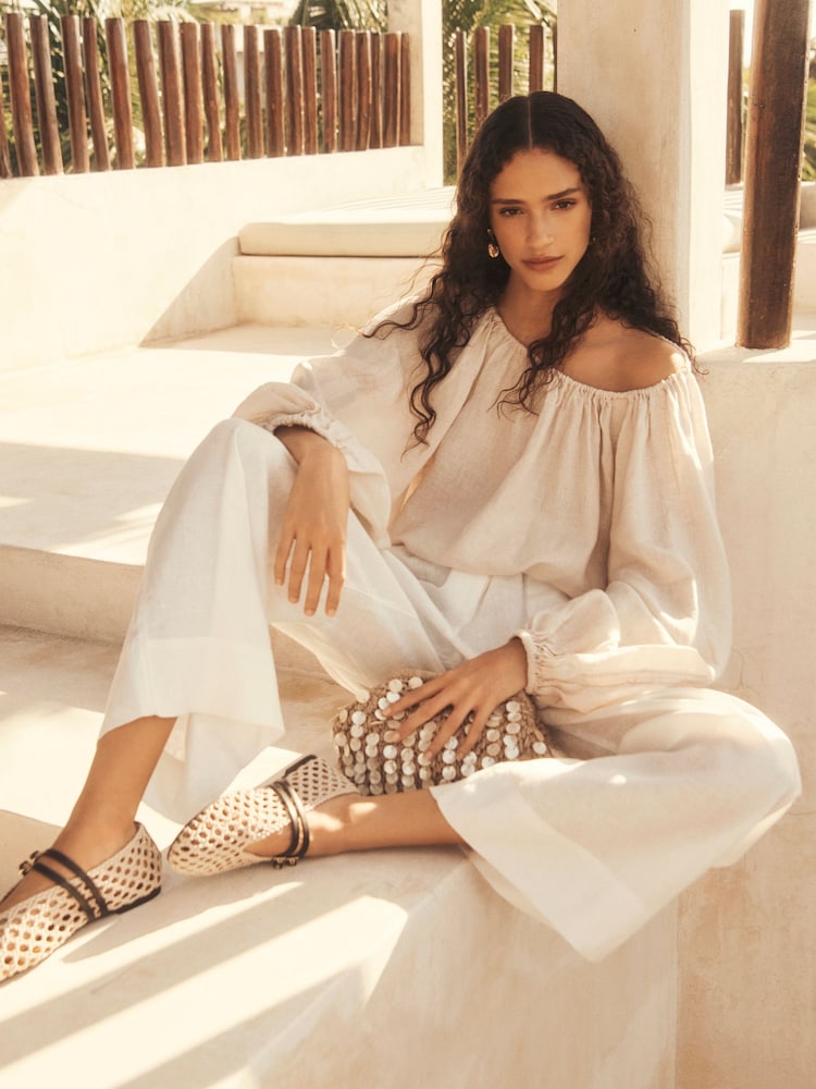 Ecru Cream 100% Linen Long Sleeve Boho Top - Image 1 of 9