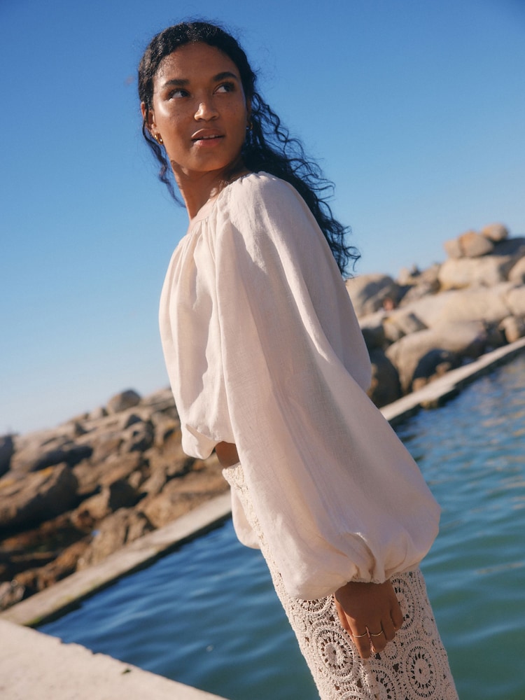 Ecru Cream 100% Linen Long Sleeve Boho Top - Image 3 of 11
