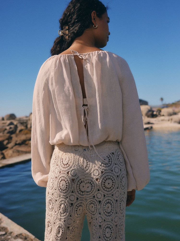 Ecru Cream 100% Linen Long Sleeve Boho Top - Image 4 of 11