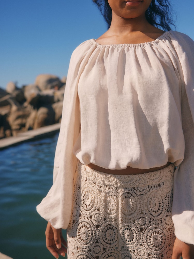 Ecru Cream 100% Linen Long Sleeve Boho Top - Image 5 of 11