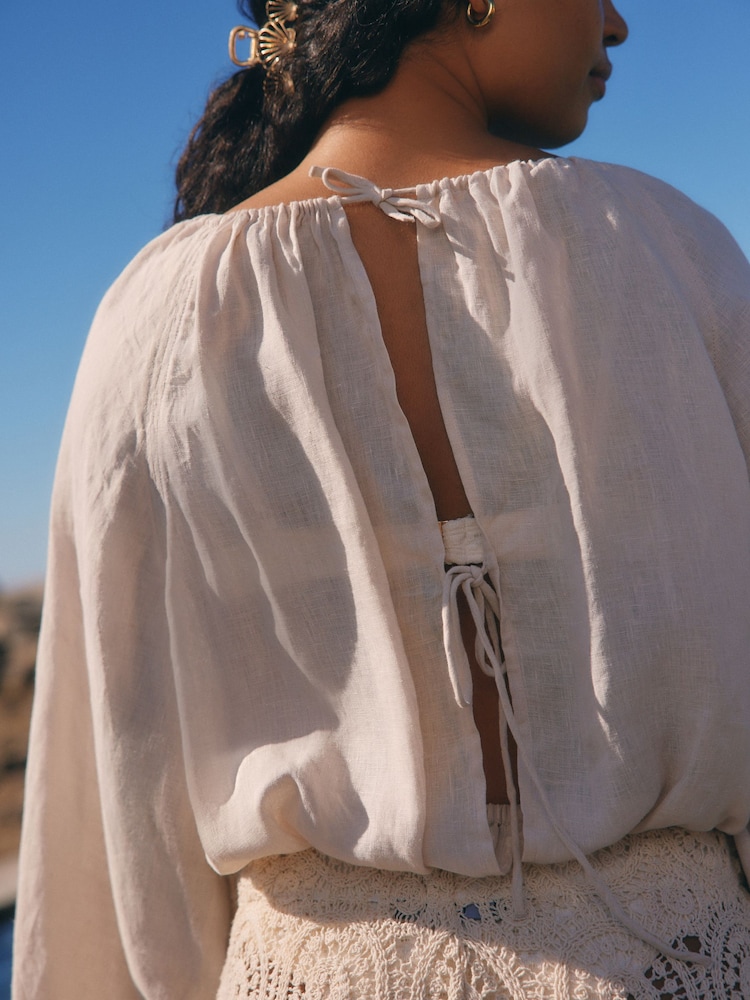 Ecru Cream 100% Linen Long Sleeve Boho Top - Image 6 of 11