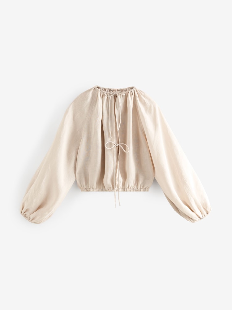 Ecru Cream 100% Linen Long Sleeve Boho Top - Image 7 of 11