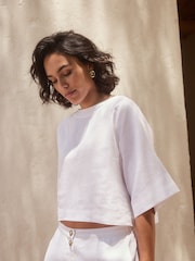 White Premium 100% Linen Boxy Short Sleeve Blouse - Image 1 of 10