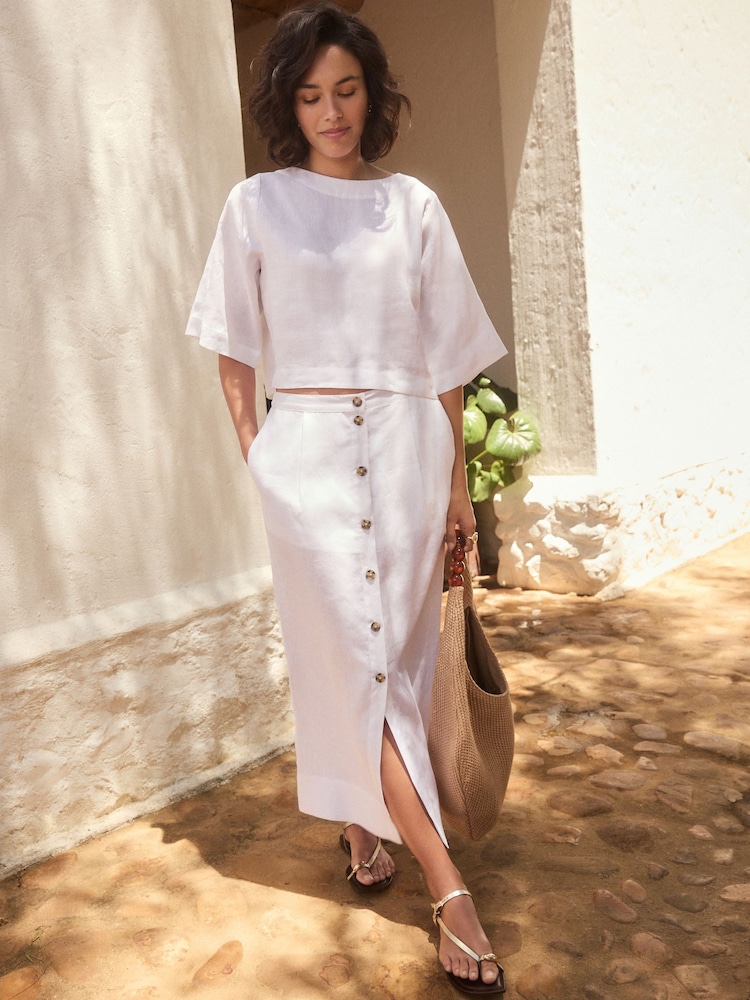White Premium 100% Linen Boxy Short Sleeve Blouse - Image 2 of 10